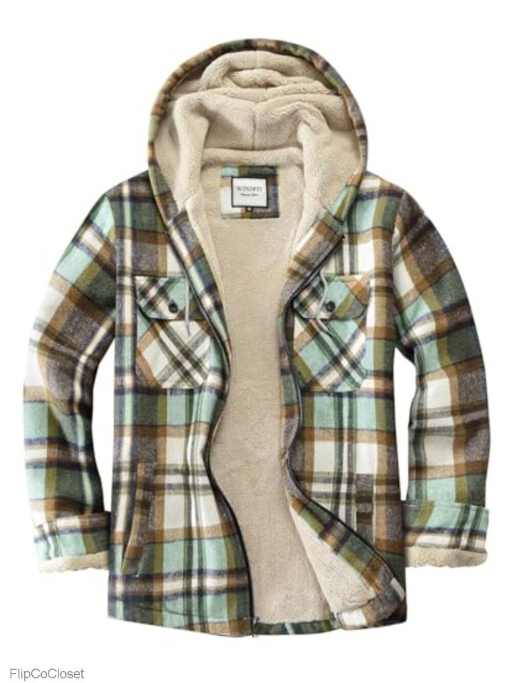 Sherpa Fleece Lined Plaid Flannel Jacket Full Zip Hooded Shacket